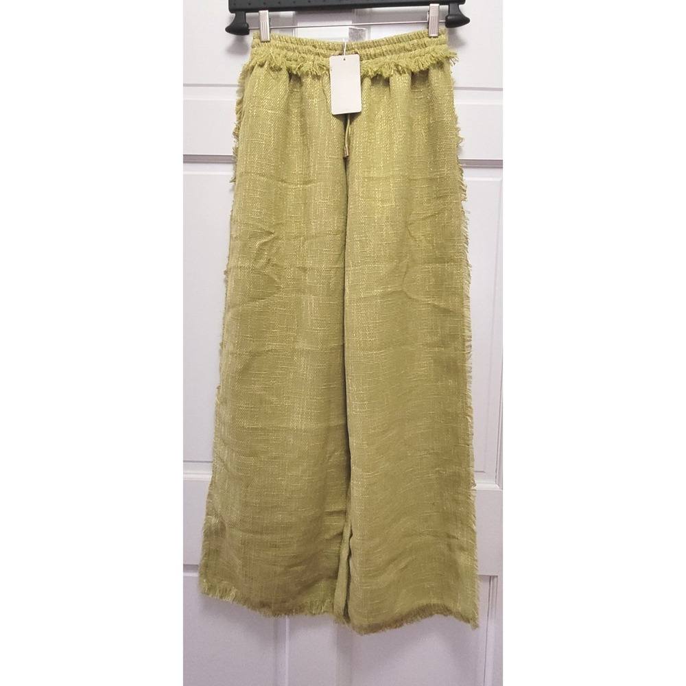 Musera Women's Boho Wide‎ Leg Tweed Pants w/ Fringe - Green - XS